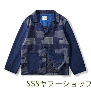 レトロ ハンドメイド 藍染め 綿100% 天然インディゴ ワークジャケット メンズ ブレザー 15oz 刺し子 古布 パッチワーク boro 襤褸 M