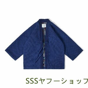 手作り 刺し子 藍染め カバーオール 19oz 綿100% 羽織 ワークジャケット ゆったり 半纏 法被 褞袍 インディゴ パッチワーク 秋冬服 厚手 XL