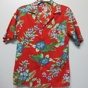 80s USA製　アロハシャツ　赤　花柄　M　ハワイ　アメカジ古着　sy1506