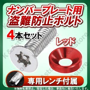 ナンバープレートボルト レッド 4本 盗難防止 ステンレス トルクスネジ アルミ ワッシャー カラー セキュリティボルト 車 バイク カスタム