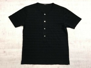 イネドオム INED HOMME 日本製 ロング・ヘンリーネック ボーダー レトロ モード ドメスティック 古着 半袖Tシャツ メンズ 3 黒