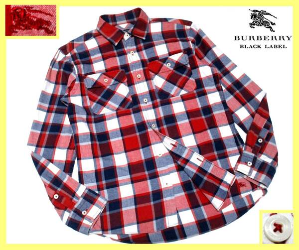 大人気サイズ L(3) 美品 バーバリーブラックレーベル レッドホース刺繍 マルチノバチェック総柄 フランネルシャツ