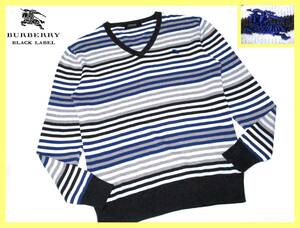 大人気サイズ L(3) 美品 バーバリーブラックレーベル ネイビーホース刺繍 マルチカラーボーダー総柄 羊毛混紡 Vネック ニットセーター