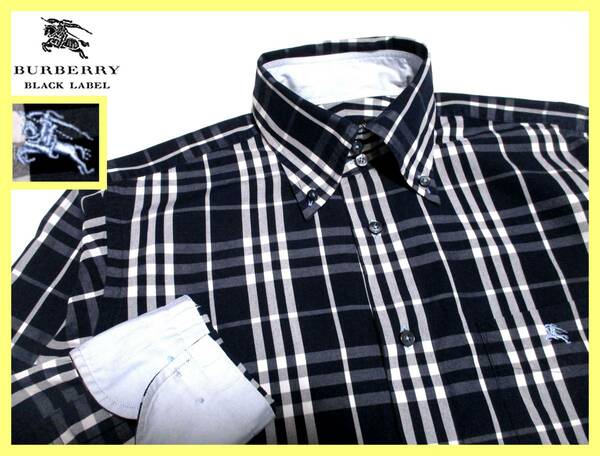 大人気ネイビーカラー 美品 バーバリーブラックレーベル ホース刺繍 ノバチェック総柄 ボタンダウンシャツ 日本製 サイズ M(2)