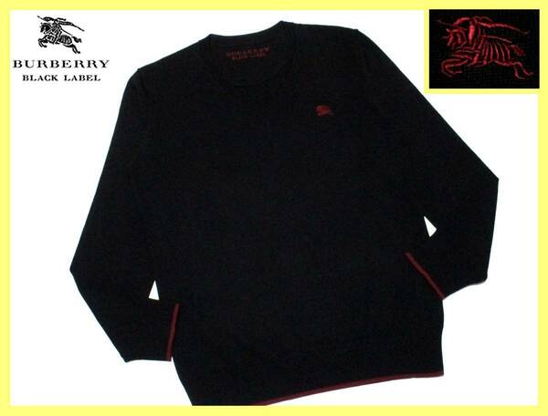 大人気サイズ M～L(3) 美品 バーバリーブラックレーベル エンジホース刺繍 襟首ロゴ刺繍デザイン 羊毛100% Vネック ニットセーター
