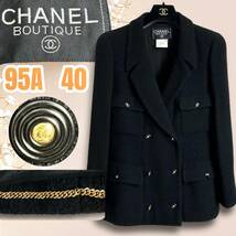 ☆美品☆CHANEL シャネル ツイード ジャケット ヴィンテージ ココボタン 95A ボタン12個 ココマーク 黒 ブラック VINTAGE チェーン 金_画像1