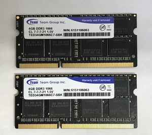 TEAM PC3-8500S 4GB 2枚 8GB DDR3 ノートパソコン用メモリ 204ピン DDR3-1066 4GB 2枚 8GB 204ピン DDR3 LAPTOP RAM 中古動作確認済