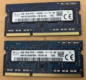 SK HYNIX 1Rx8 PC3L-12800S 8GB 4GB 2枚 DDR3L ノート用メモリ 204ピン DDR3L-1600 4GB 2枚 DDR3L LAPTOP RAM 中古起動確認済み