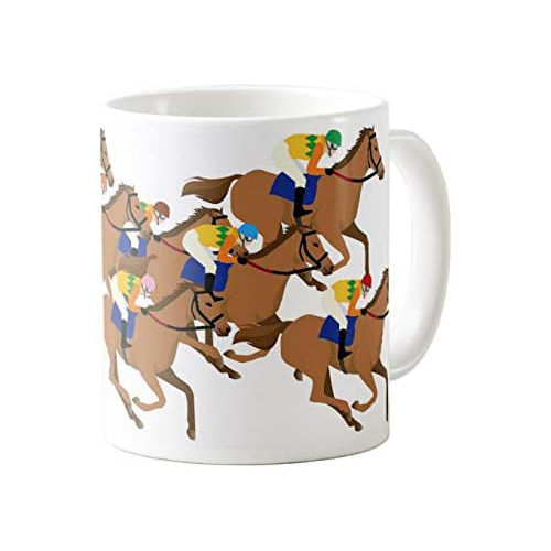 競馬の騎手とサラブレットのイラストのマグカップ-2（イラストが少し大きくプリントしてあるタイプ）：フォトマグ（馬シリーズ）