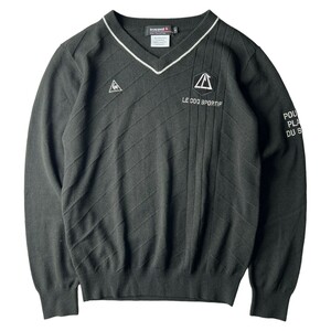 美品 le coq sportif GOLF ルコック 長袖 Vネック ニット セーター / メンズ M サイズ / 黒 ブラック デサント ゴルフウェア ワッペン