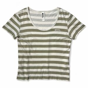 MARGARET HOWELL MHL. マーガレットハウエル / ラウンドネック 半袖 Tシャツ トップス カットソー / 2 (M) レディース / 白 緑 ボーダー柄