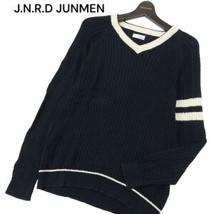 J.N.R.D JUNMEN ジュンレッド ジュンメン 麻 リネン★ 袖ライン Vネック ケーブル ニット セーター Sz.1　メンズ ネイビー　C4T00701_1#J