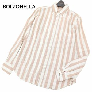 イタリア製★ BOLZONELLA ボルゾネッラ 通年 刺繍★ 長袖 オックスフォード ボーダー シャツ Sz.41/16　メンズ 白 ベージュ　C4T00715_1#C