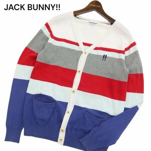 JACK BUNNY!! ジャックバニー パーリーゲイツ ロゴ刺繍★ マルチボーダー コットン ニット カーディガン Sz.4 メンズ ゴルフ　C4T01020_2#L