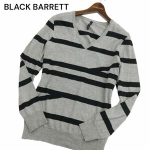 BLACK BARRETT ブラックバレット ニールバレット デザイン ボーダー★ Vネック コットン ニット セーター Sz.2　メンズ 灰　C4T01010_2#L
