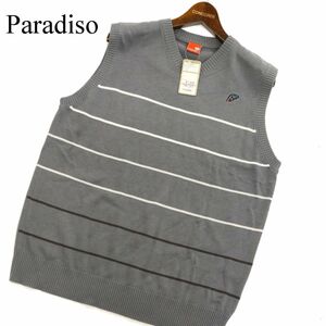 【新品 未使用】 Paradiso パラディーゾ 通年 ロゴ刺繍★ Vネック ニット ベスト Sz.L　メンズ グレー ゴルフ　C4T00951_2#L