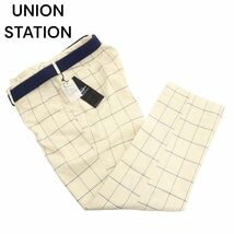 新品 未使用★ UNION STATION メンズビギ 通年 ベルト付き ストレッチ チェック スラックス パンツ Sz.M　メンズ アイボリー　C4B00842_2#R_画像1