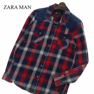 ZARA MAN ザラ マン 通年 長袖 SLIM FIT デニム切替★ チェック ウエスタン シャツ Sz.S　メンズ　C3T08239_9#C