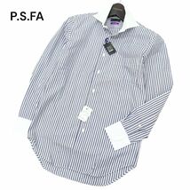 【新品 未使用】 P.S.FA パーフェクトスーツファクトリー 通年 長袖 ストライプ★ 切替 ワイシャツ Sz.37-80　メンズ　C4T01515_2#C_画像1