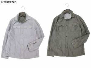 INTERMEZZO インターメッツォ レナウン 長袖 ストライプ リバーシブル★ ウエスタン ワーク シャツ Sz.L　メンズ グレー　C4T00872_1#C