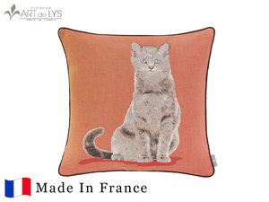 ART DE LYS クッションカバー 50×50cm フランス製 ゴブラン織り インテリア 小物 枕 動物 猫 ねこ Cat5824O オレンジ リビング ダイニング