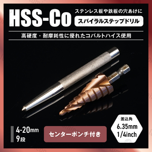 高強度 スパイラル ステップ ドリル タケノコ ビット 4-20mm ステンレス 用 鉄鋼 穴あけ 鉄工 HSS鋼 六角 工具 電動ドリル 螺旋 g190b 2