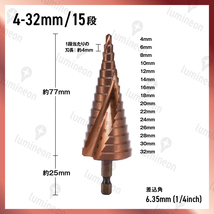 高強度 スパイラル ステップ ドリル タケノコ ビット 4-12mm 4-20mm 2本 セット ステンレス 用 鉄鋼 穴あけ 鉄工 HSS鋼 六角 工具 g190d 1_画像7