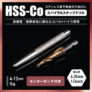 高強度 スパイラル ステップ ドリル タケノコ ビット 4-12mm ステンレス 用 鉄鋼 穴あけ 鉄工 HSS鋼 六角 工具 電動ドリル 螺旋 g190a 1