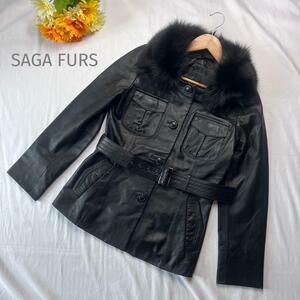 SAGA FURS レザージャケット ブラック 11 羊革 フォックスファー コート