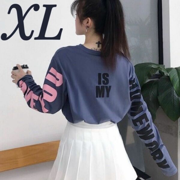 ロゴ Tシャツ 長袖 ロンT カットソー ブルー ストリート系 原宿系 韓国