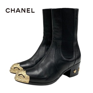 シャネル CHANEL ブーツ ショートブーツ 靴 シューズ ココマーク スター サイドゴア レザー ブラック 黒
