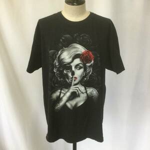 【N751】アート デザイン 半袖 Tシャツ ブラック ドクロ スカル 薔薇 女性 1円スタート USA古着 アメリカ古着 古着 古着卸