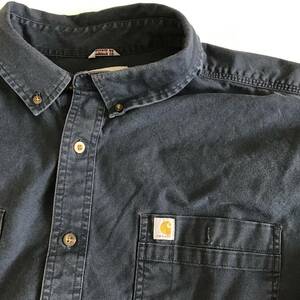 《 H 243》carhartt カーハート 長袖シャツ ワークシャツ アウトドア ワーク ワンポイント 3XL 紺 1円スタート アメリカ古着 古着卸