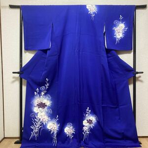 着物　訪問着 付下げ ぼかし 綸子　青色　正絹　鮮やか　上品　春夏秋冬　花柄　長丈　着丈161.5cm 裄丈61.5cm 0220-13m