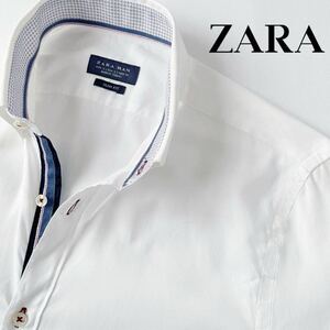 (美品) ザラ マン ZARA MAN ボタンダウン 長袖 シャツ US S 175/92A SLIM FIT (日本M) ホワイト ドレスシャツ 