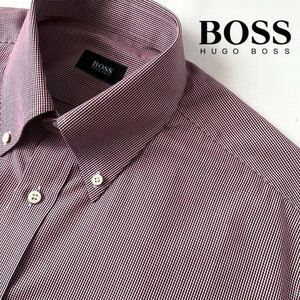 (美品) ヒューゴ ボス HUGO BOSS ボタンダウン 長袖シャツ 16 41 (日本 XL) ワイン レッド x ホワイト ピンチェック シャツ チェック柄