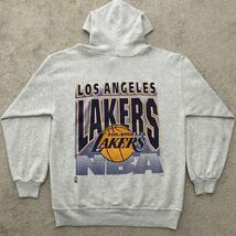 90's USA製 NBA LAKERS レイカーズ スウェット パーカー グレー LARGE ビンテージ ARTEX アルテックス 両面プリント 八村塁 レブロン 80s_画像1