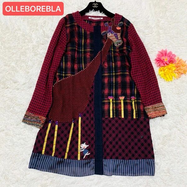 【美品】OLLEBOREBLA アルベロベロ　シャツチュニック　羽織としてもぶたさん　ノーカラー　刺繍　アップリケ　キリン