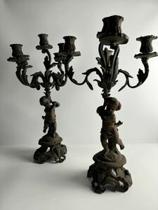 アンティーク 燭台 一対 細密細工 置物 オブジェ 蝋燭立 真鍮 ブロンズ 骨董 キャンドルスタンド フランス 天使