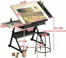 製図机木製製図台、高さ調節可能、傾斜可能な卓上0°-80°、アートクラフトワークステーション、2つの収納引き出し付き_画像7