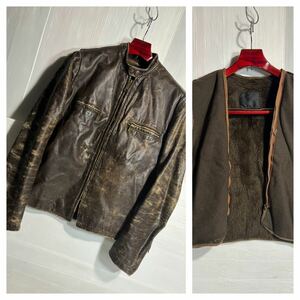 60's ヴィンテージ BROOKS Leather ブルックスレザー　USA製　黒タグ　焦げ茶　本革レザー　スタンド　シングルライダースジャケット