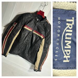 TRIUMPH MOTORCYCLES トライアンフ　本革　レザー　黒×ベージュ×赤　切替　ダイヤキルティング シングルライダースジャケット　42/52