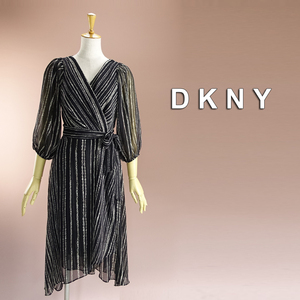 新品 DKNY 4/9号 ダナキャラン 黒 白 シフォン ワンピース パーティドレス 長袖 結婚式 二次会 フォーマル お呼ばれ 発表会 華39K2302
