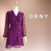 新品 DKNY 6/11号 ダナキャラン 黒 ピンク ドット柄 シフォン ワンピース パーティドレス 長袖 結婚式 披露宴 二次会 フォーマル 華43K2405_画像1