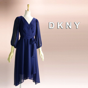 新品 DKNY 2/7号～9号 ダナキャラン 紺 シフォン ワンピース パーティドレス 長袖 結婚式 二次会 フォーマル お呼ばれ 発表会 慶華35K2815