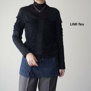 美品 LIMIfeu リミフゥ デザインカットソー デニムドッキング 裏パイル ラウンドネック ヨウジヤマモト Yohji Yamamoto ブラック