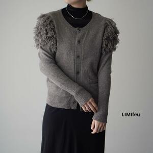 美品 LIMIfeu リミフゥ フリンジ ニットカーディガン カシミヤブレンド ラウンドネック ウール ヨウジヤマモト Yohji Yamamoto