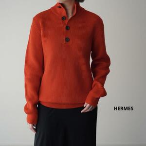 美品 HERMES エルメス ウール リブニット 厚手 ハイネック Hマークボタン オーバーサイズ ヘンリーネック レッド ウール100％