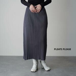 美品 PLEATS PLEASE プリーツプリーズ ロングスカート プリーツスカート ウエストゴム フレア 薄手 無地 イッセイミヤケ 2 ライトグレー