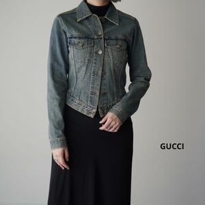  beautiful goods GUCCI Gucci Denim jacket G Jean Logo button cropped pants height bleach processing asimeto Lee Hem tight Silhouette cotton S